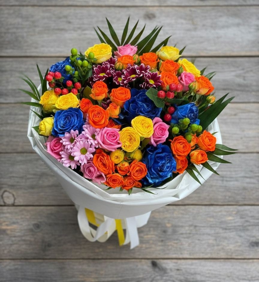 Букет цветов из: Розы и Хризантемы в Васильевском Моху