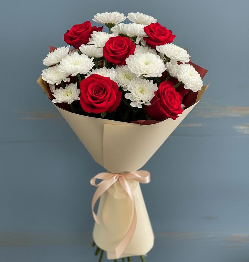 Букет цветов из: Розы и Хризантемы в Васильевском Моху