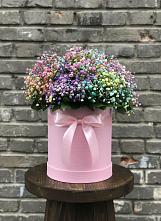 Цветочная композиция из Гипсофила и Розы в шляпной коробке в Васильевском Моху
