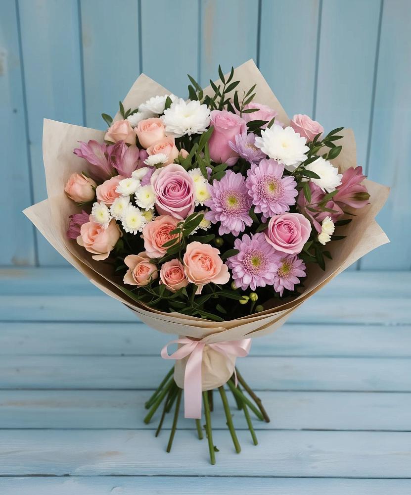 Букет цветов из: Хризантемы, Розы и Альстромерии в Васильевском Моху