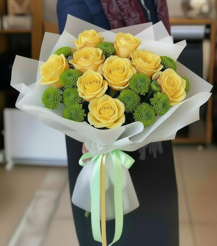 Букет цветов из: Хризантемы и Розы в Васильевском Моху