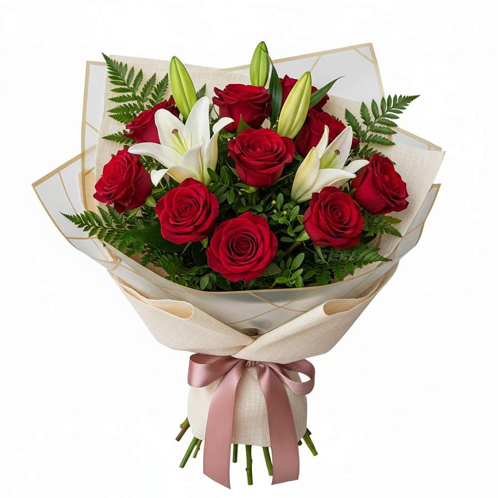 Букет цветов из: Лилии и Розы в Васильевском Моху