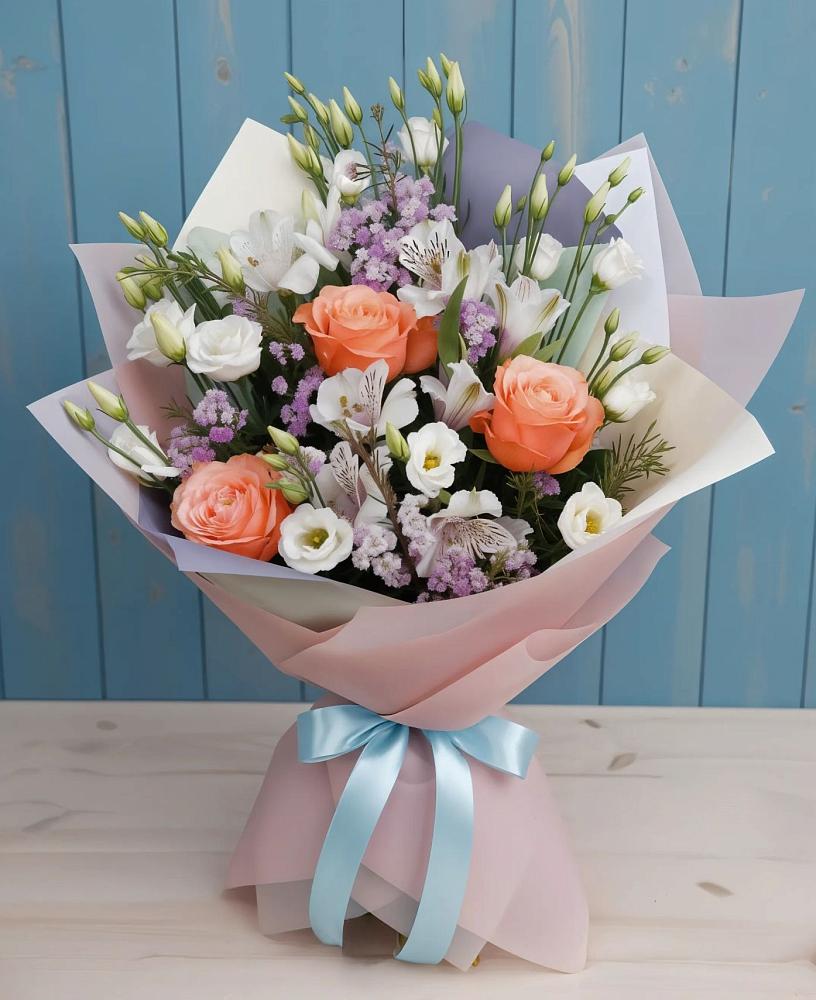 Букет цветов из: Лизиантусы, Розы, Альстромерии и Гипсофила в Васильевском Моху