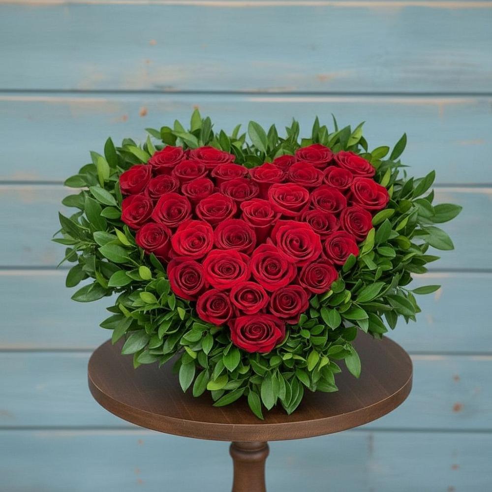 Цветочная композиция из Розы в виде сердца в Васильевском Моху