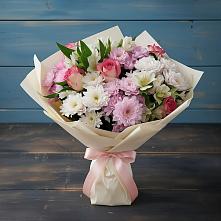 Букет цветов из:  Хризантемы, Альстромерии и Розы в Васильевском Моху