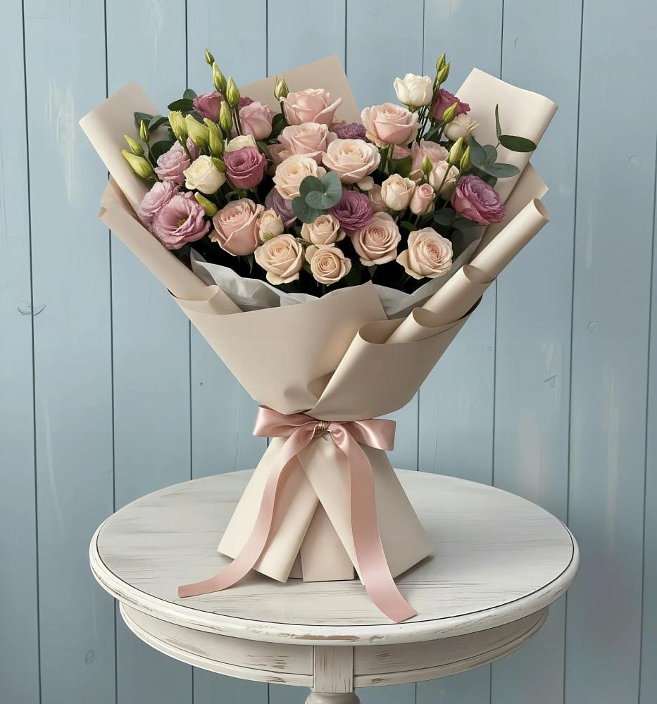 Букет цветов из: Розы и Лизиантусы в Васильевском Моху