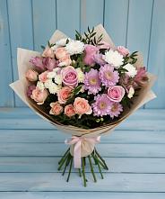 Букет цветов из:  Хризантемы, Розы и Альстромерии в Васильевском Моху