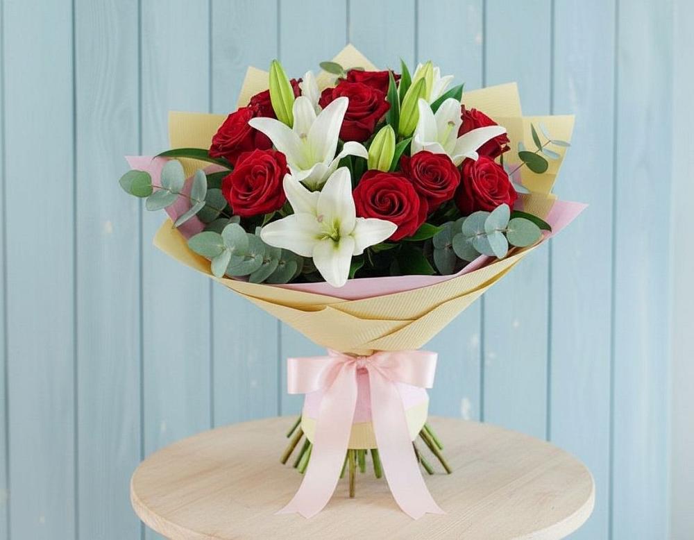 Букет цветов из: Лилии и Розы в Васильевском Моху