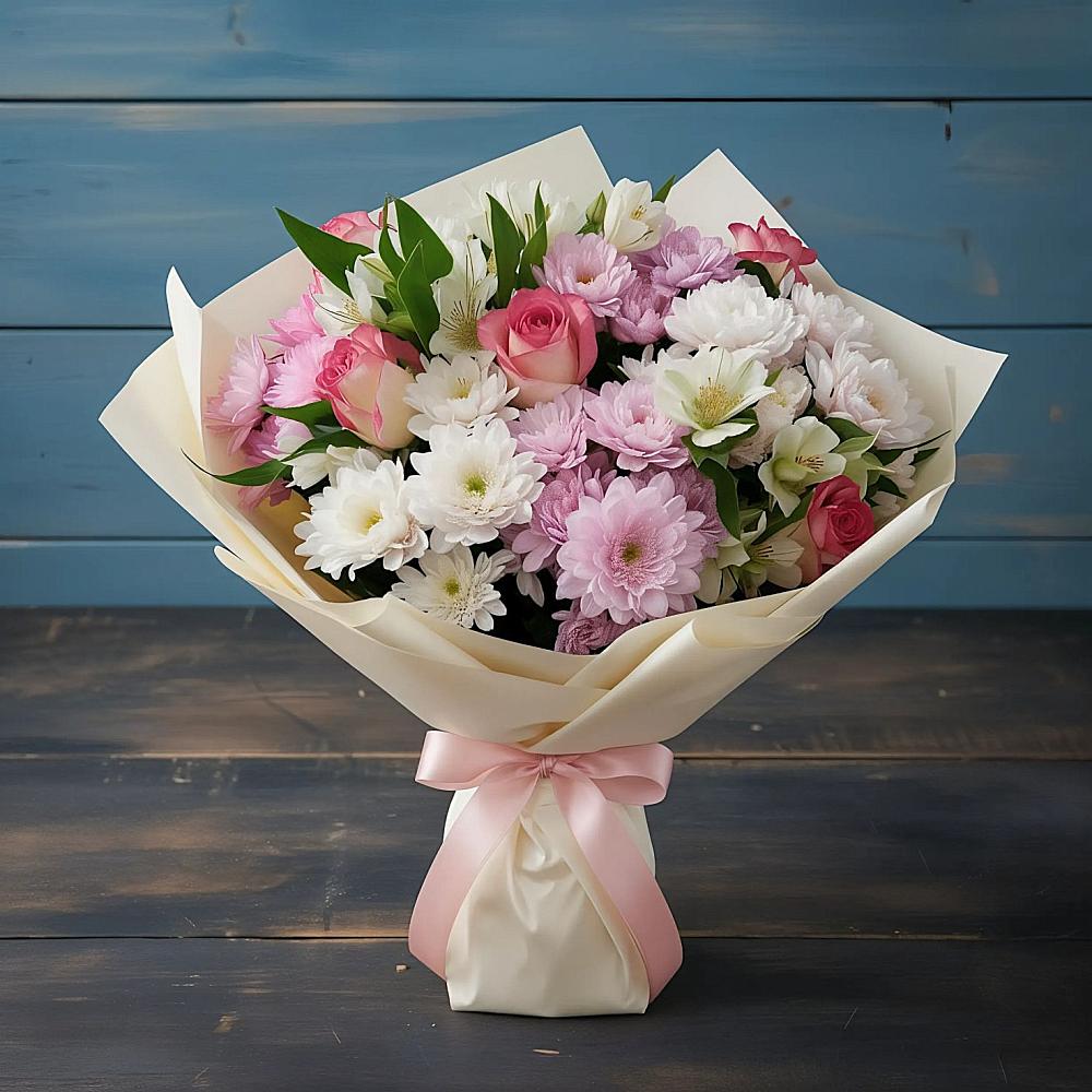 Букет цветов из: Хризантемы, Альстромерии и Розы в Васильевском Моху